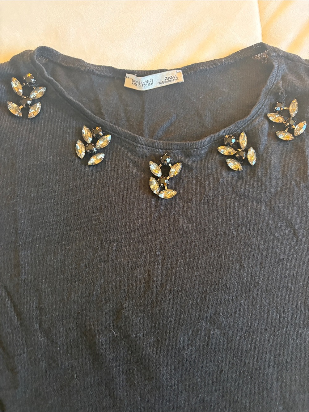 Zara Black 3/4  Sleeve Tee with Crystal Neck Embellishments
